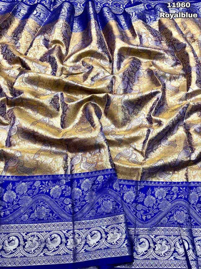 Kanjivaram Pattu Silk Saree with Pure Silver Zari Weaving, Contrast Border and Blouse for Women