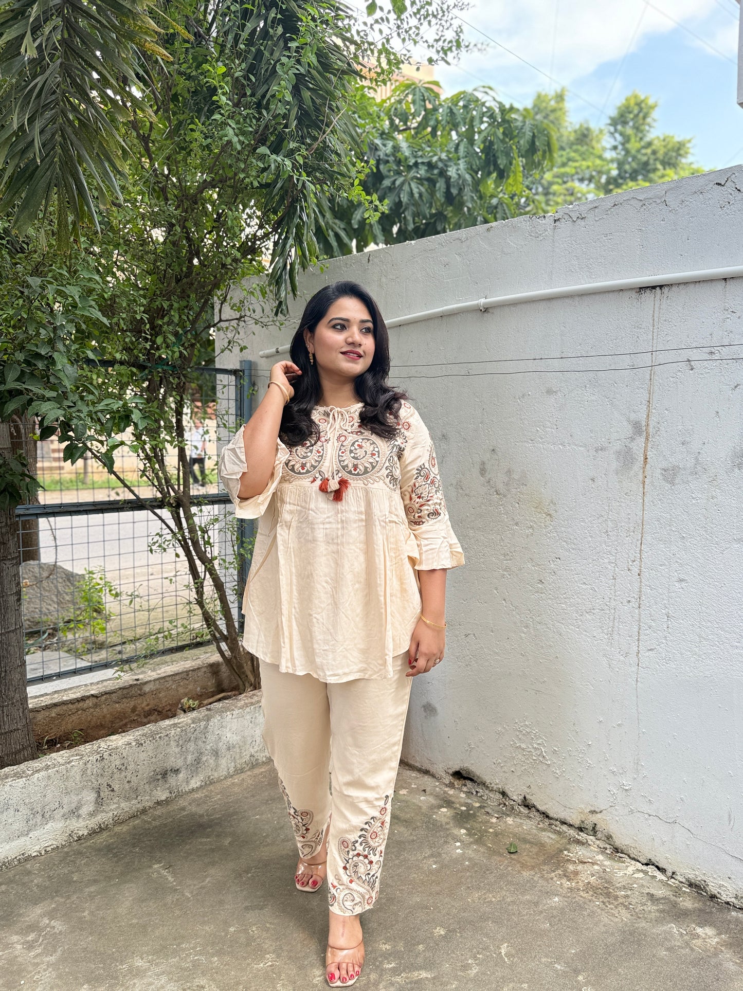 Embroidered Cotton Blend Kurta Pant Set with Bell Sleeves and Hem Work for Women
