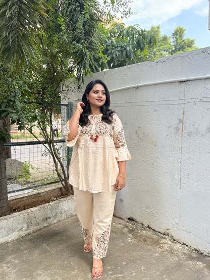 Embroidered Cotton Blend Kurta Pant Set with Bell Sleeves and Hem Work for Women