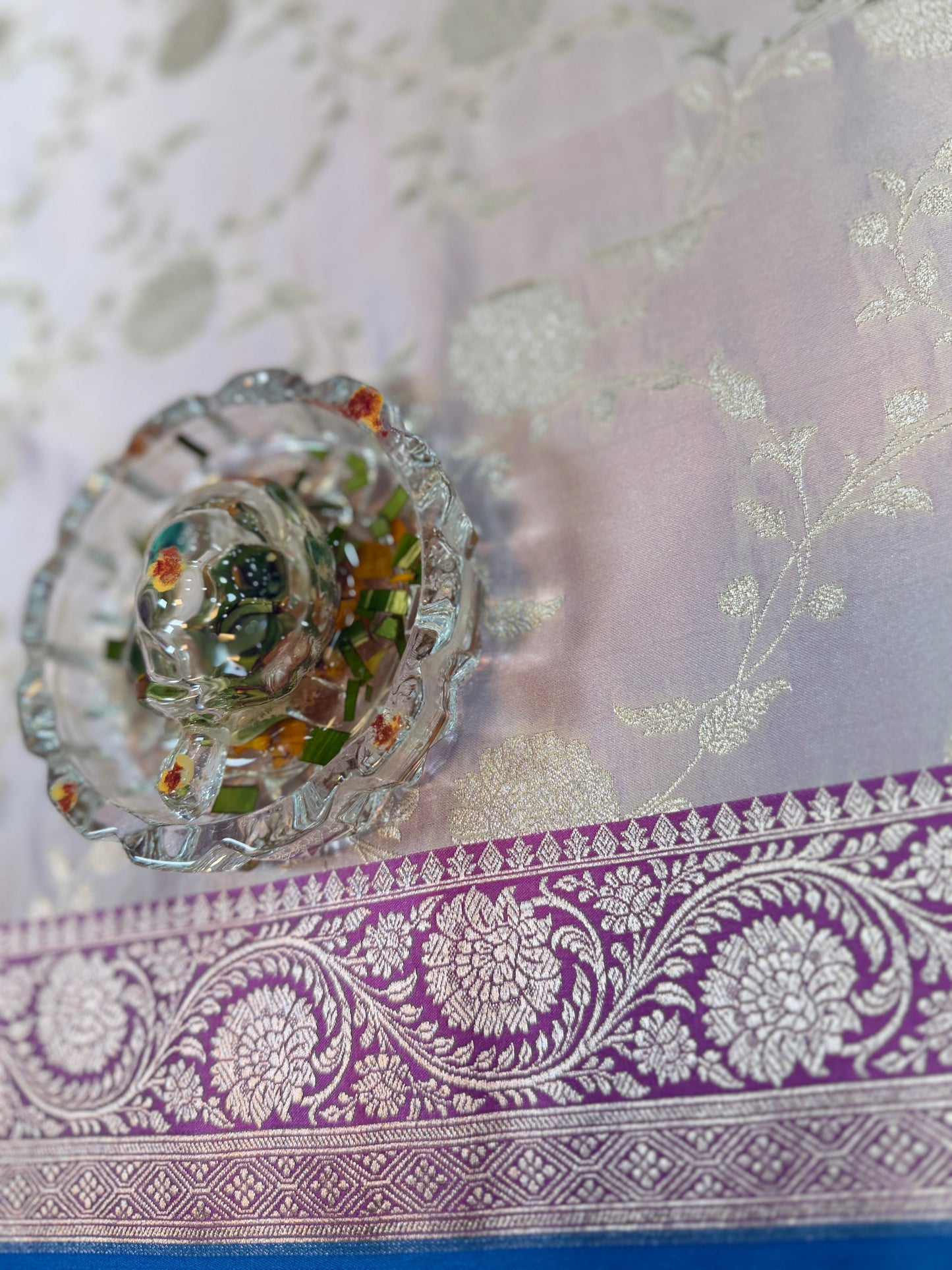 Banarasi Mashru Katan Silk Saree in Silver and Purple with Contrast Blouse Piece – Women’s Festive Wear