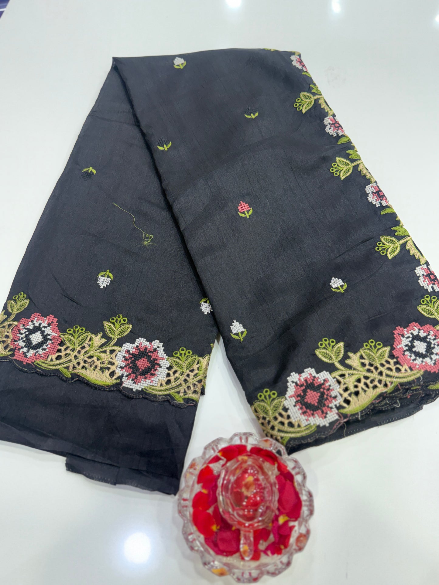 Matka Silk Saree with Embroidered Buttis, Cutwork Big Pallu, and All-Over Cutwork Panel