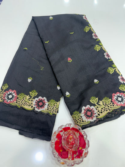 Matka Silk Saree with Embroidered Buttis, Cutwork Big Pallu, and All-Over Cutwork Panel