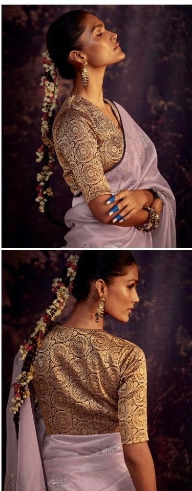 Organza Tissue Silk Saree with Embroidery or Swarovski Work and Heavy Designer Blouse – Wedding and Festive Wear for Women