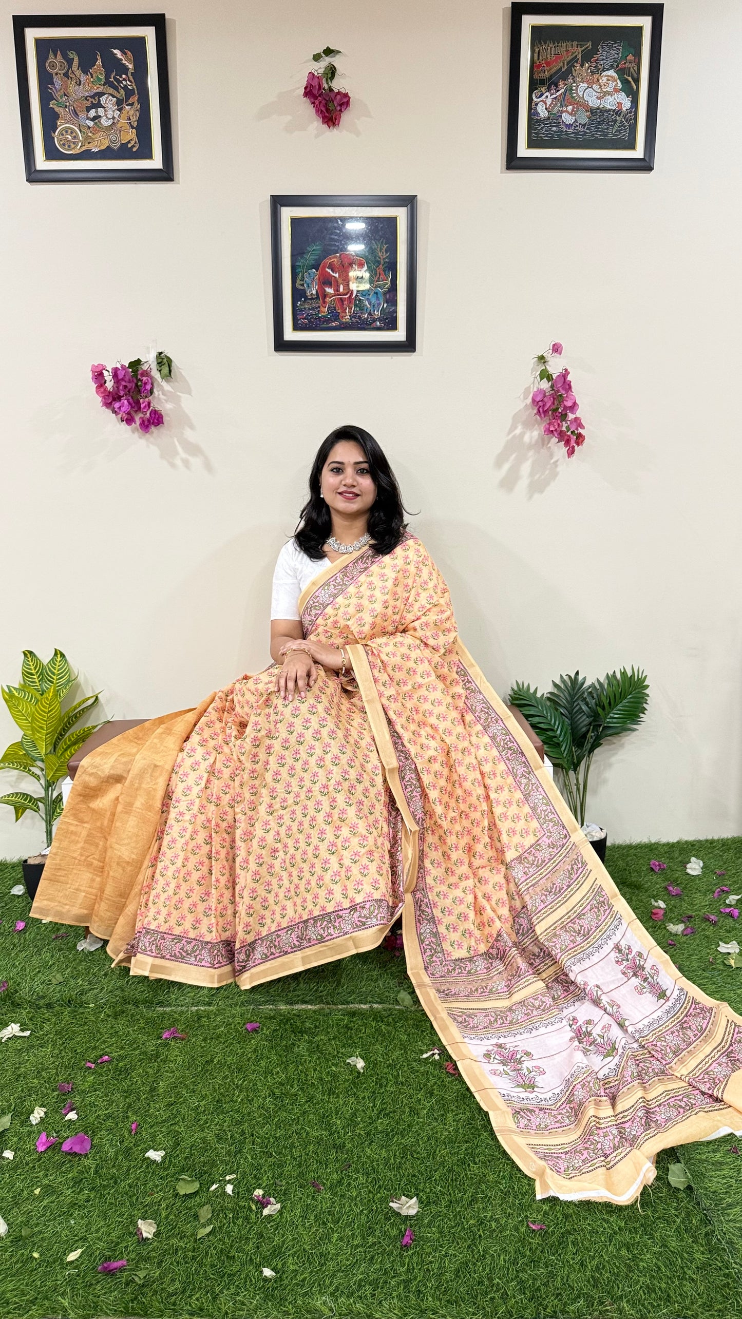 Soft Chanderi Silk Saree with Gold Zari Border and Digital Print – Traditional Wear Saree for Women