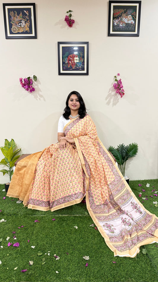 Soft Chanderi Silk Saree with Gold Zari Border and Digital Print – Traditional Wear Saree for Women