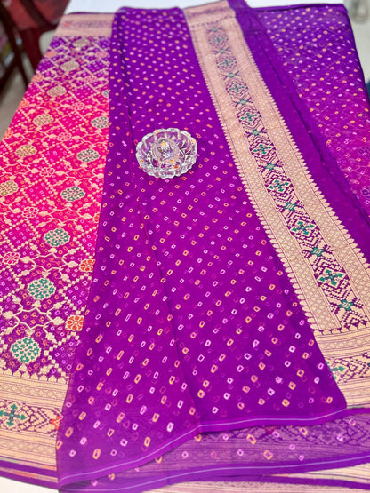 Banarasi Pure Georgette Bandhani Saree with Golden Zari Jaal and Meenakari Work – Bridal Wear