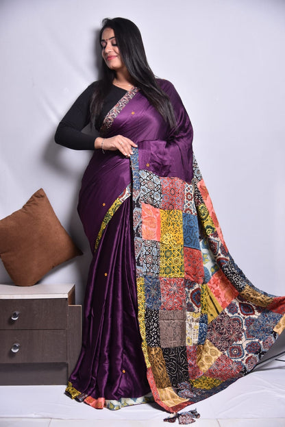Modal Patch Work Saree with Handblock Print and All-Over Mirror Embellishments for Women