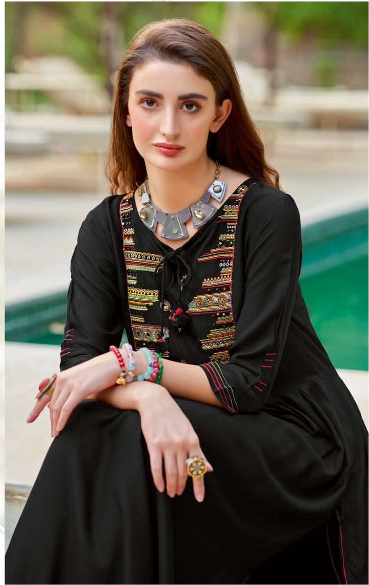 Rayon Printed Kurti with Embroidery and Handwork for Women – XL & XXL