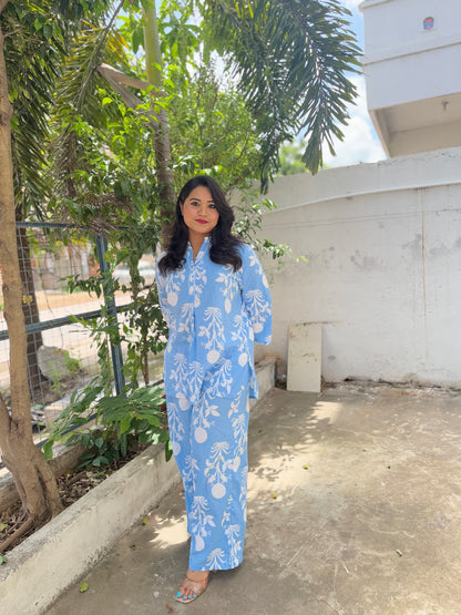 Sky Blue Cotton Co-ord Set for Women with Bold White Floral Print and Straight Pants
