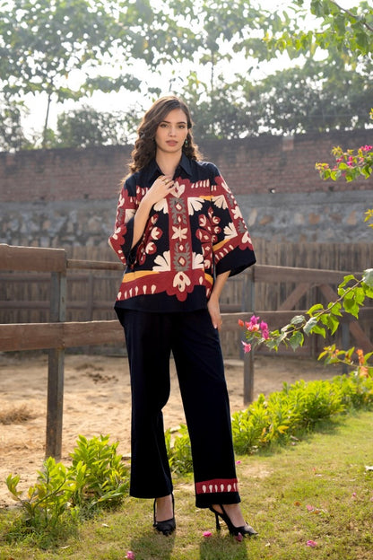 Cotton Poplin Oversized Co-Ord Set with Hand Brush Painted Design – Artistic Casual Wear for Women (Sizes 38 to 44)