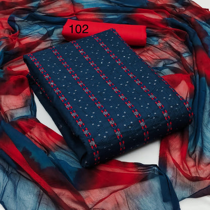 Unstitched Cotton Dress Material with Intricate Work, Cotton Bottom and Najmeen Dupatta