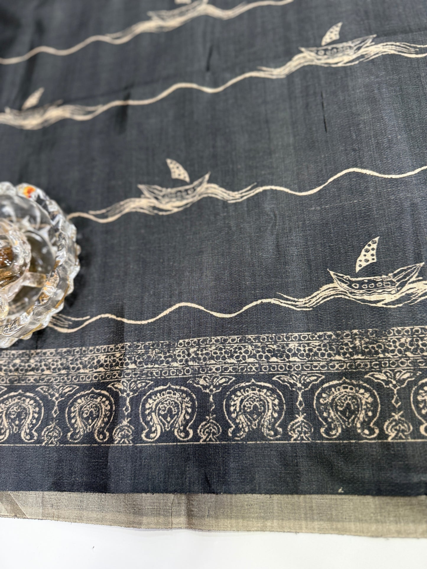 Semi Tussar Silk Saree with Ethnic Print Border and Tassel Pallu, Sea & Ships Print