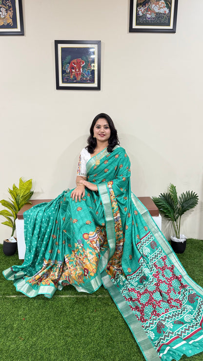 Handloom Semi Tussar Saree with Kalamkari Design and Silver Border for Festive Wear