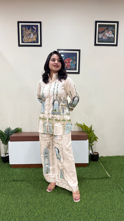 Women's Mughal Print Flex Cotton Co-ord Set with Button-Down Shirt and Flared Palazzo