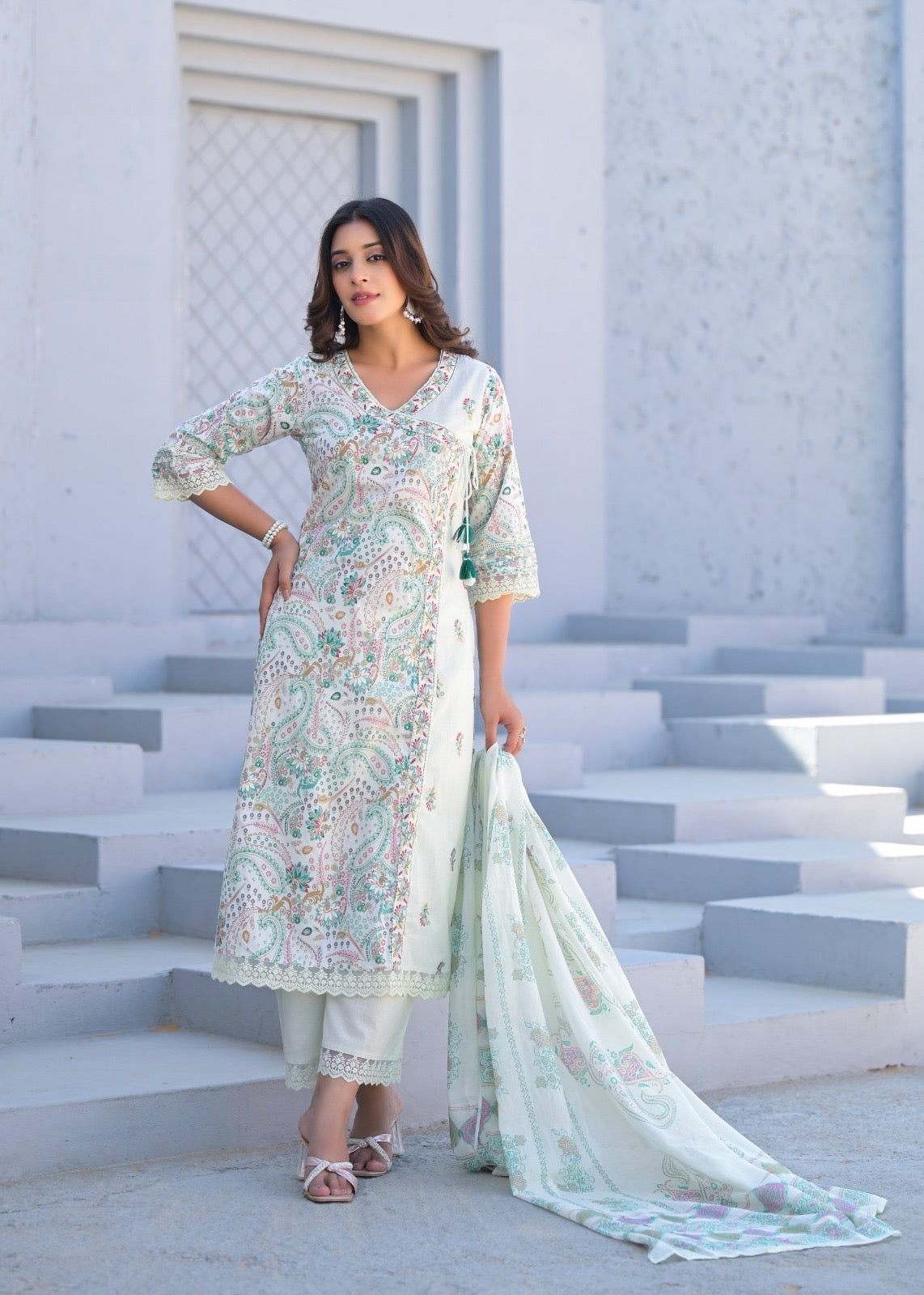 Women’s digital cotton kurta pant dupatta set with thread embroidery – summer ethnic wear