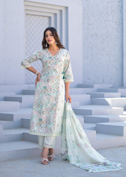 Women’s digital cotton kurta pant dupatta set with thread embroidery – summer ethnic wear