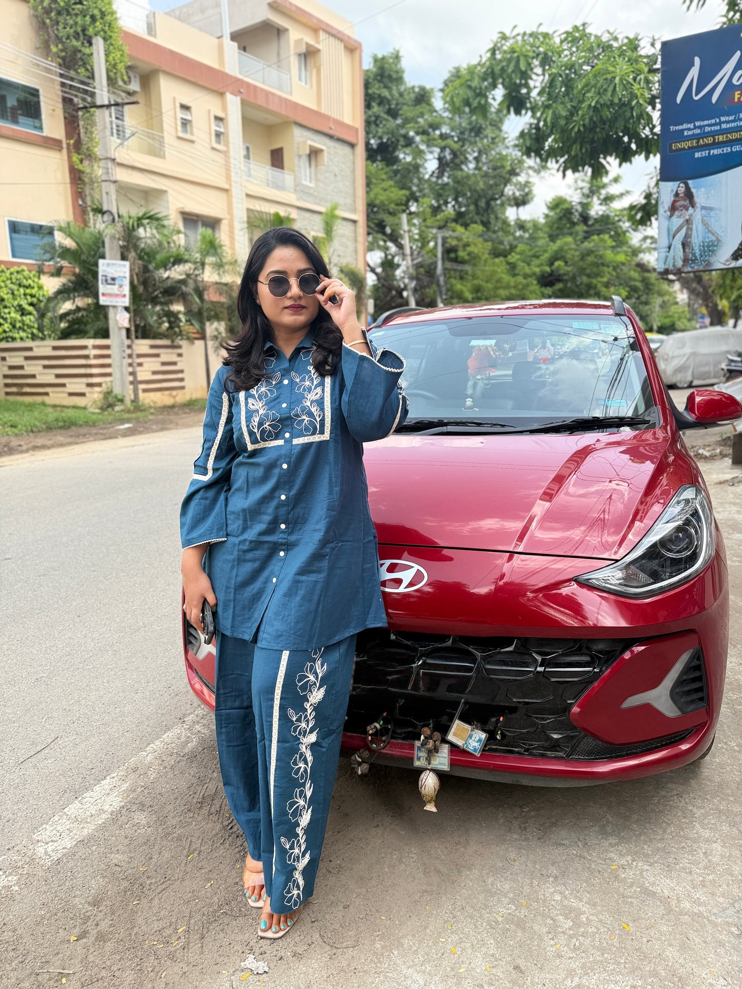 Navy Blue Cotton Flex Co-ord Set for Women with Thread Embroidery and Lace Detailing