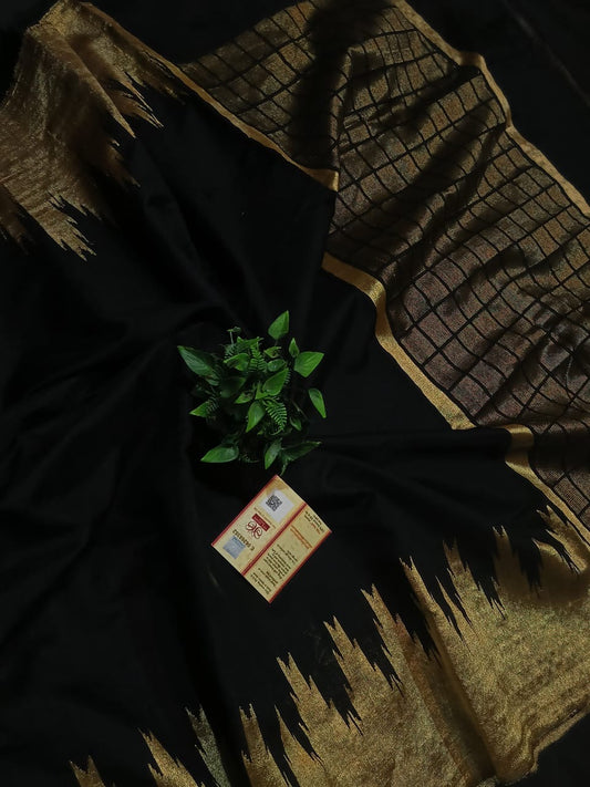 Pure Raw Silk Saree with Temple Zari Border and Khapa Pallu – Silk Mark Certified