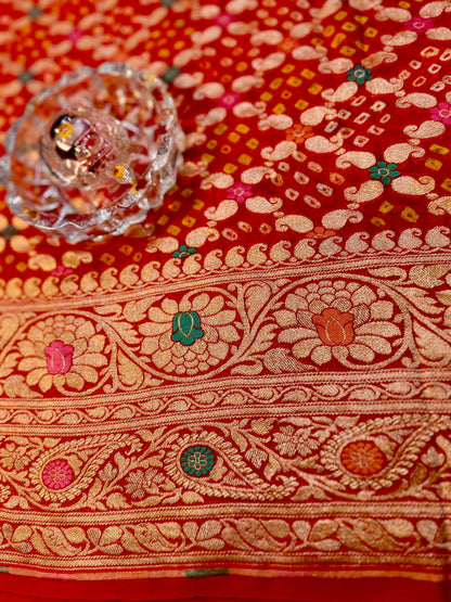 Banarasi Pure Georgette Bandhani Saree with Golden Zari Jaal and Meenakari Work – Bridal Wear