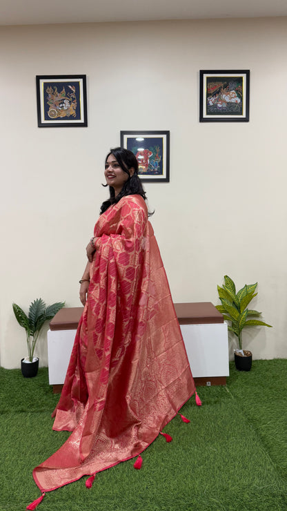 Heavy Red Organza Woven Saree with Golden Zari Border and Tassel Pallu