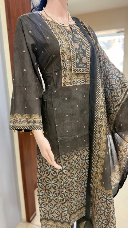 Italian cotton kurta pant dupatta set for women with placement print, straight 3 piece ethnic set, sizes 38 to 44