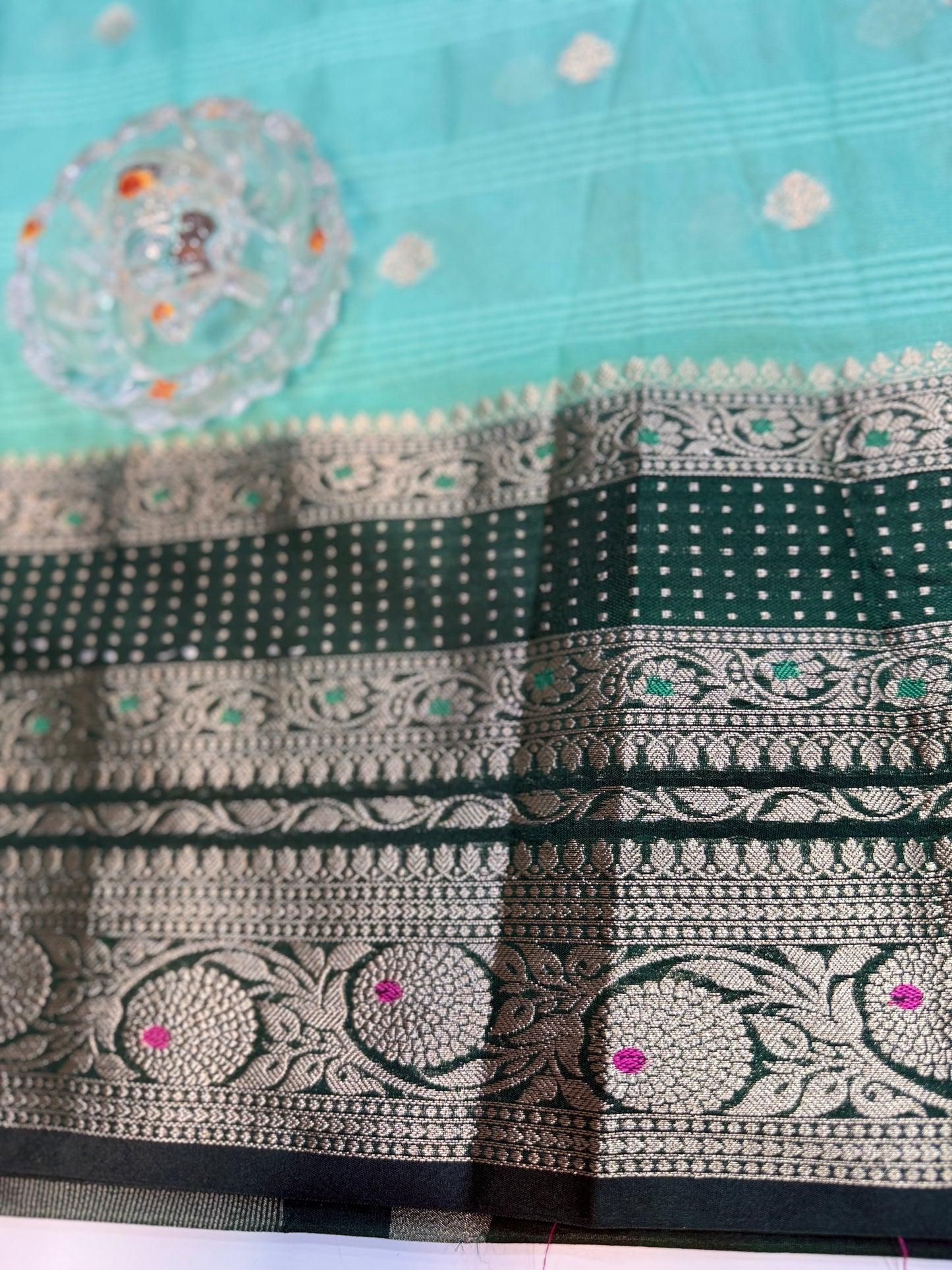 Banarasi semi georgette silk saree with gold zari weaving, meenakari big border and buti design for women