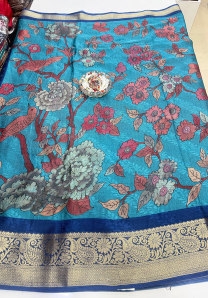 Silk blend printed saree with zari border and digital pallu print, 6.3m with running blouse, 6 color options