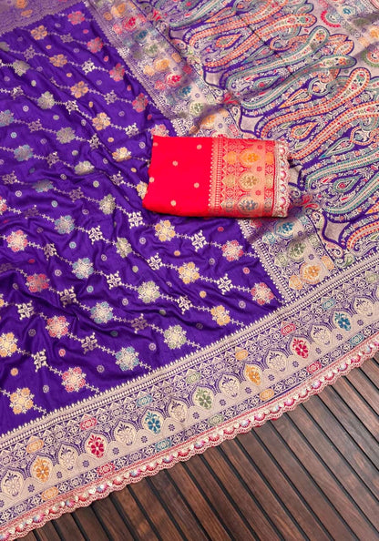 Masharu Silk Saree with Lakhnavi Meena Jacquard Weaving and Contrast Embroidered Blouse