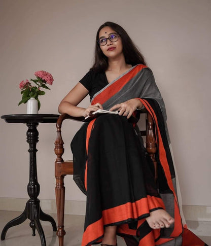 Charcoal Cotton Blend Textured Weave Saree with Matching Blouse Piece for Women