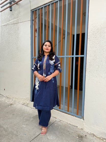 Navy Blue Roman Silk Embroidered Kurta Pant Set for Women – Elegant Two-Piece Festive and Semi-Formal Outfit