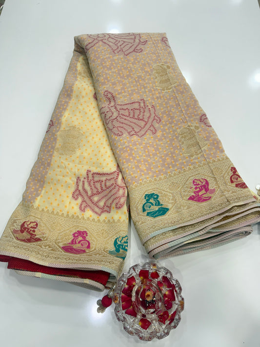 Pure Kaddi Georgette Zari Weaving Saree in Ivory Cream with Multi-Colour Meenakari-Style Floral Design – Festive and Wedding Wear Saree for Women