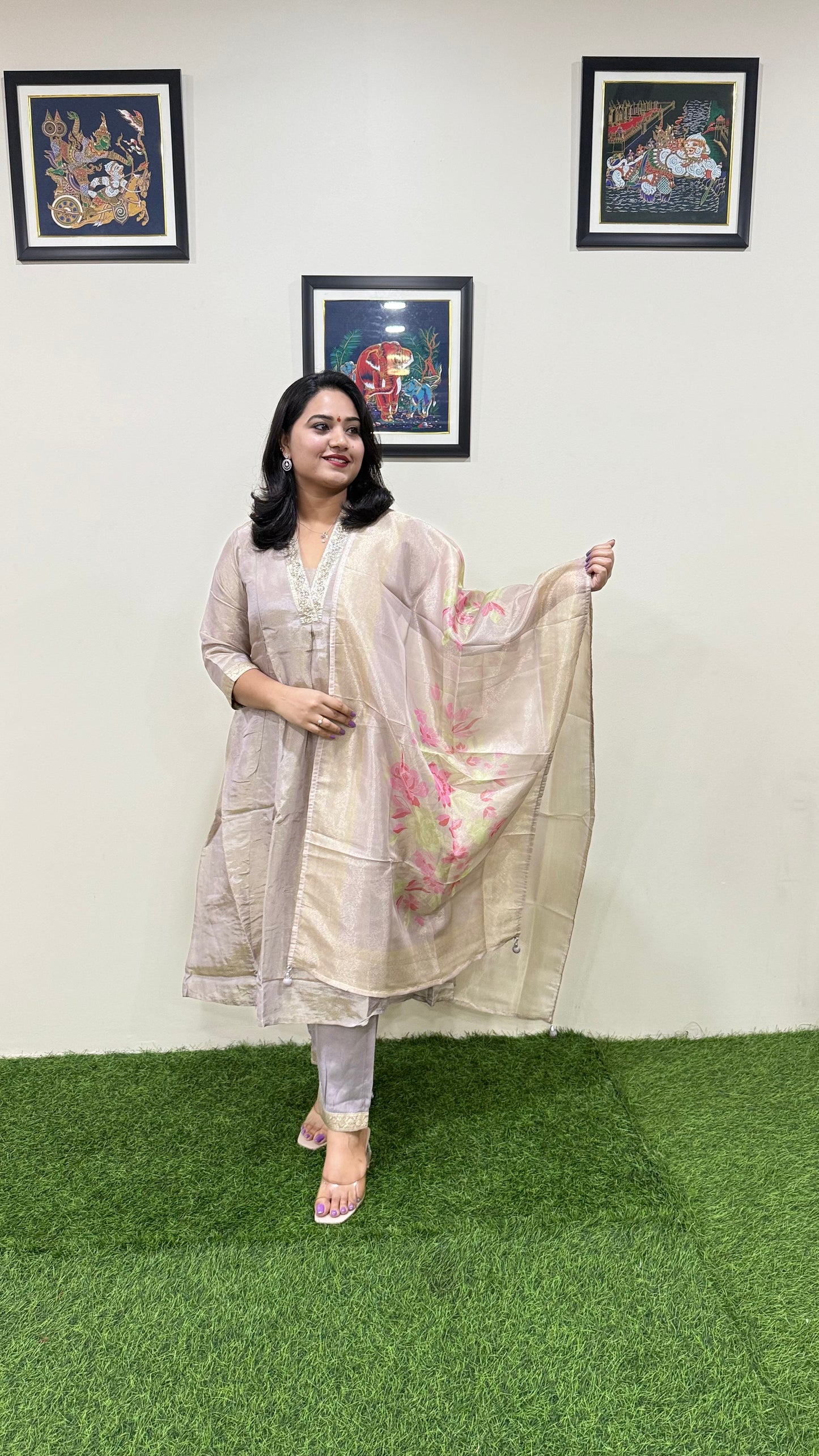 Pure Tissue Kurta Pant Dupatta Set with Intricate Handwork – Sizes L to XXL