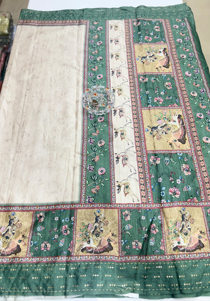 Tussar Fabric Saree with Katha Print Border, Mirror Work and Matching Blouse