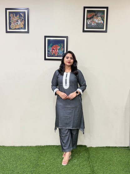 Premium Fancy Denim Co-Ord Set for Women with Thread Work – Fish-Cut Top and Pocket Pant