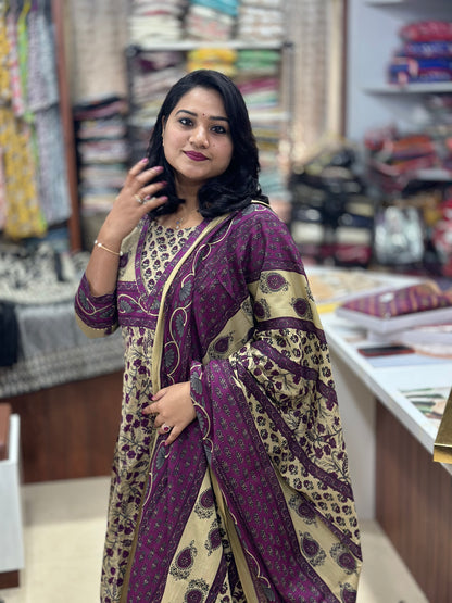 Women’s Anarkali Cotton Suit Set with Gota Work, Straight Pants and Full-Length Dupatta – Purple and Gold