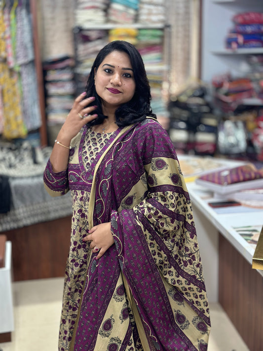 Women’s Anarkali Cotton Suit Set with Gota Work, Straight Pants and Full-Length Dupatta – Purple and Gold