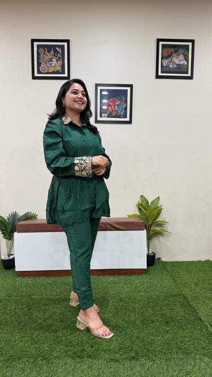 Women's Pure Silk Co-ord Set in Deep Green with Embroidered Collar and Cuff Detail