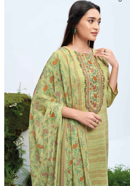 Unstitched Woven Fabric Suit Material with Embroidery, Cotton Silk Bottom and Chiffon Printed Dupatta