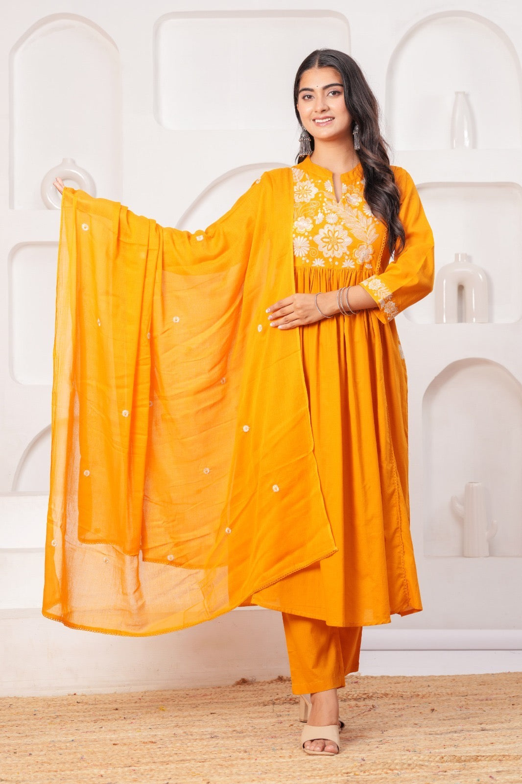 Cotton Mul Kurta Set with Hanging Embroidery Yoke, Cotton Pant and Motif Embroidered Dupatta