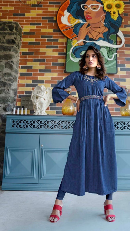 Viscose Rayon Nayra Cut Kurti with Hand Embroidery and Belt for Women – Multiple Colors, S to XXL