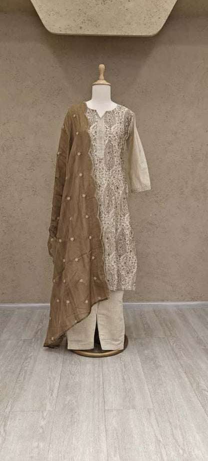 Jamdani Cotton-Lined Kurta Set with Handwoven Motifs and Dupatta – Elegant Festive Ethnic Wear for Women