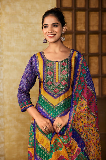 Russian Silk Kurti Pant Dupatta Set with Organza Dupatta and Handcrafted Work – Sizes M to 2XL