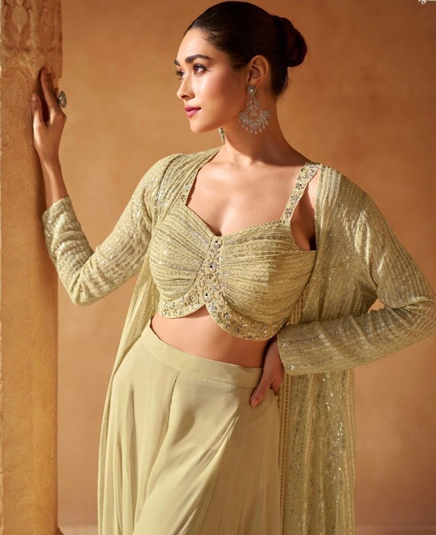 Real Georgette 3-Piece Embroidered Ethnic Set with Front and Back Detailing – Free Size Stitched for Women