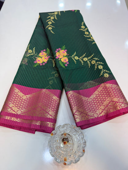 Banarasi kota silk saree with floral embroidery, contrast magenta zari border and matching blouse piece for women