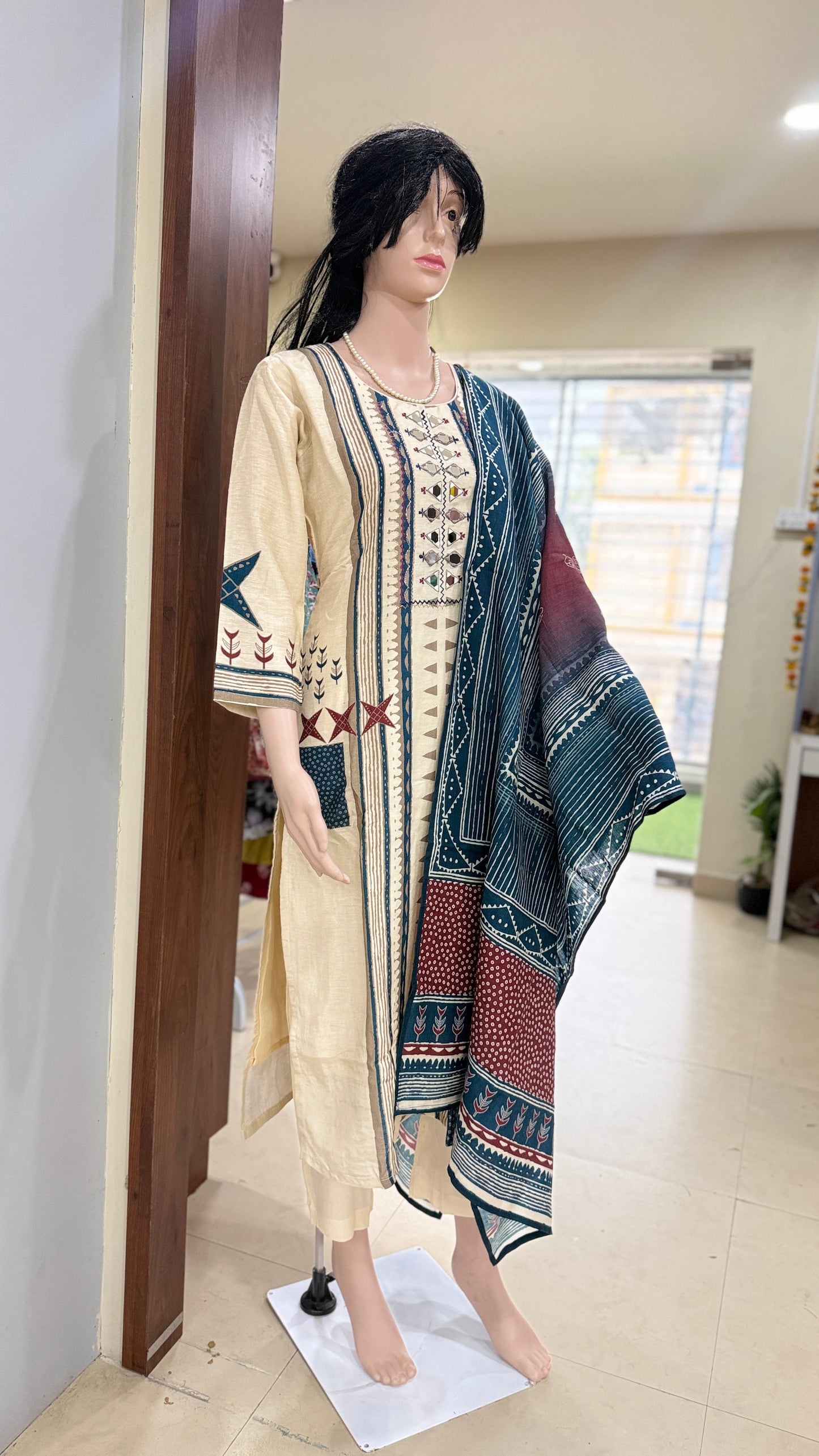 Linen silk kurta pant dupatta set for women with mirror and thread detailing, tribal print ethnic 3 piece set
