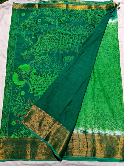 Chennuri Pure Silk Saree with Outline Kalamkari Design and Traditional Kanchi Borders