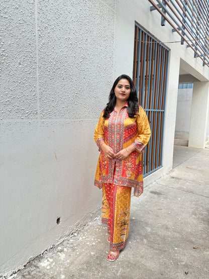 Crepe Silk Digital Printed Co-Ord Set with Mirror Work for Women – Festive Wear Kurta Pant Set