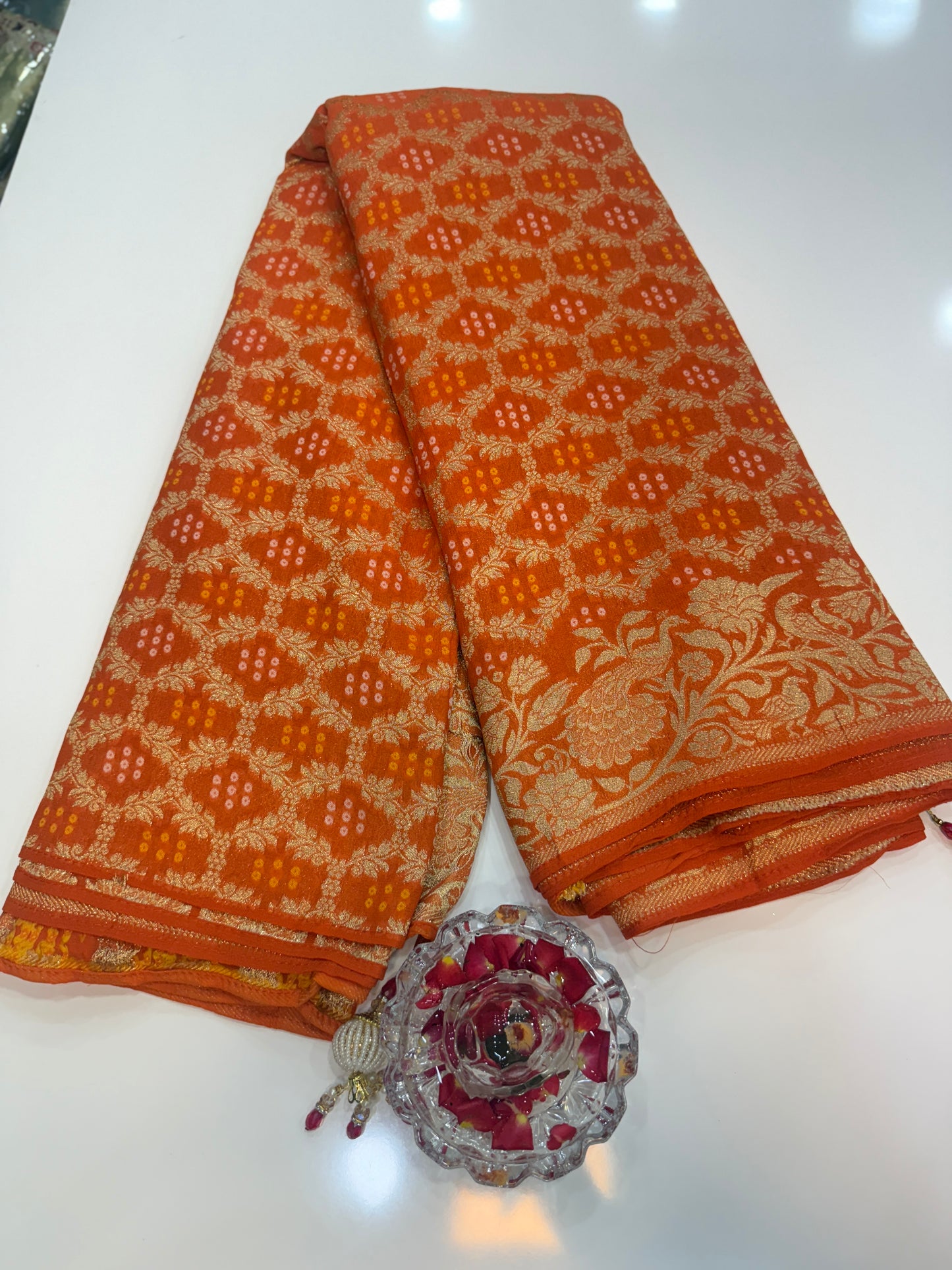 Pure Kaddi Georgette Zari Weaving Saree in Rust-Orange with Bandhani-Inspired Pattern and Antique Gold Border – Festive & Wedding Wear for Women