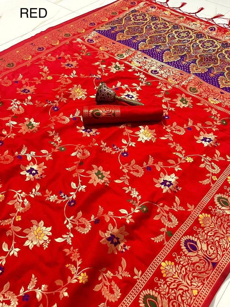 Pure Heavy Silk Saree with Zari and Minakari Weaving, Running Design Blouse with Jari Border