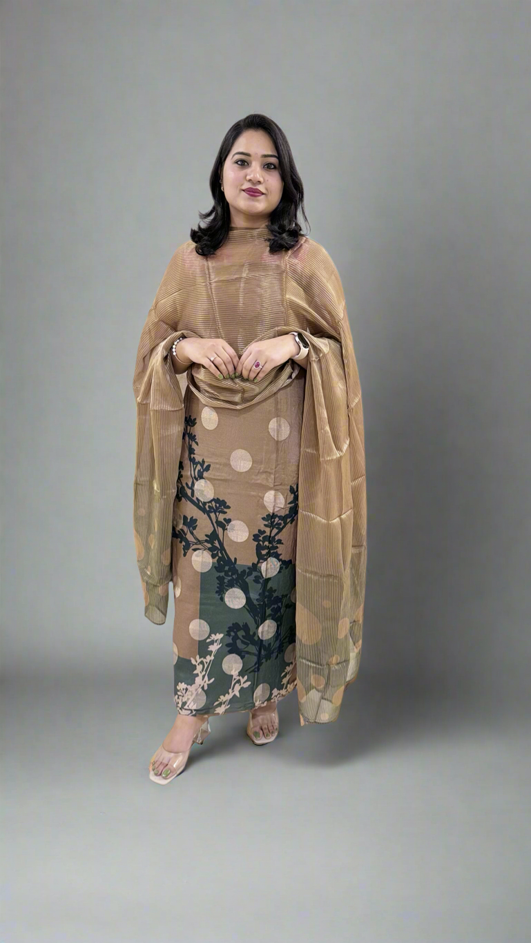 Unstitched Muslin Jacquard Dress Material with Digital Print, Canvas Satin Bottom and Silk Embroidered Dupatta